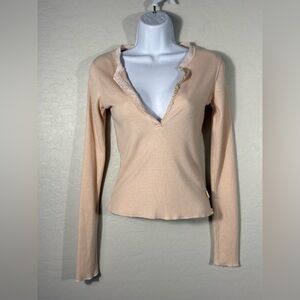 Vintage Y2K Hollister Pacific Merchants Pink Laced Detail Ribbed Henley Medium